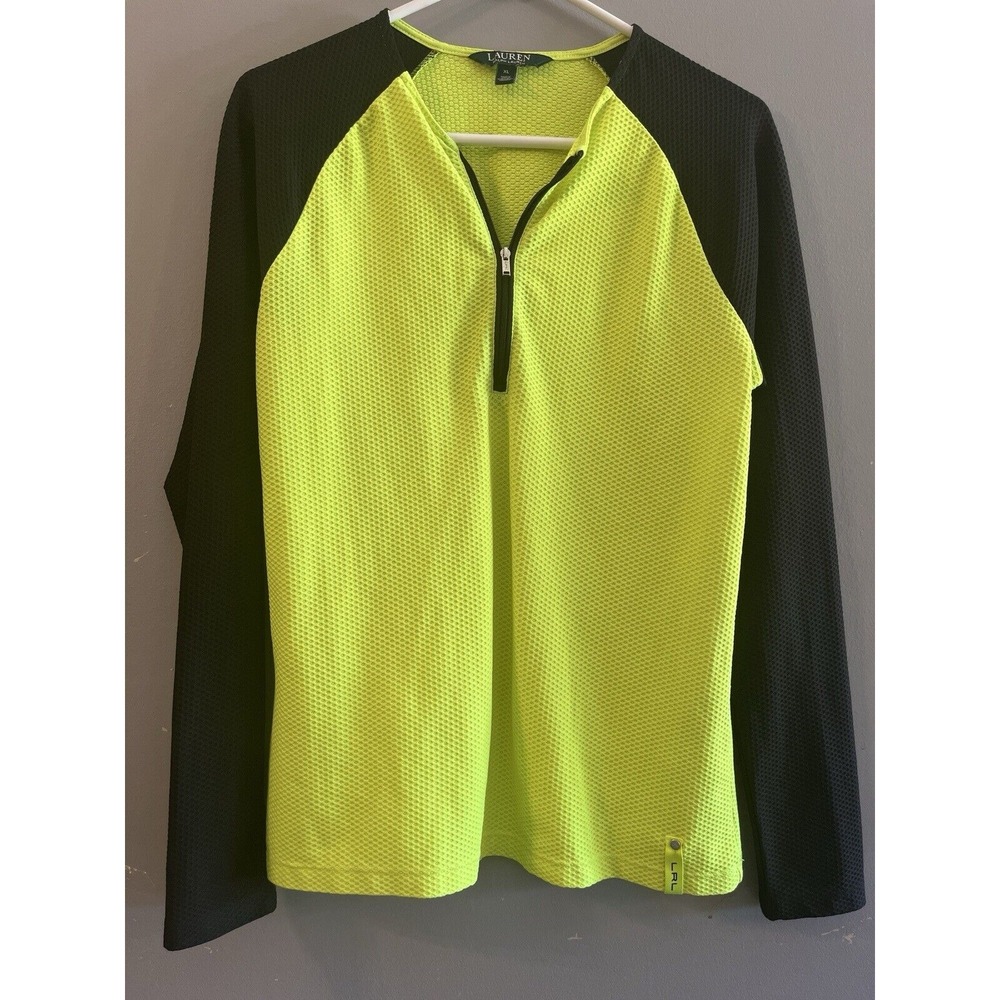 LAUREN RALPH LAUREN Women's XL Yellow Black Long Sleeve Waffle 1/4 Zip Shirt Top